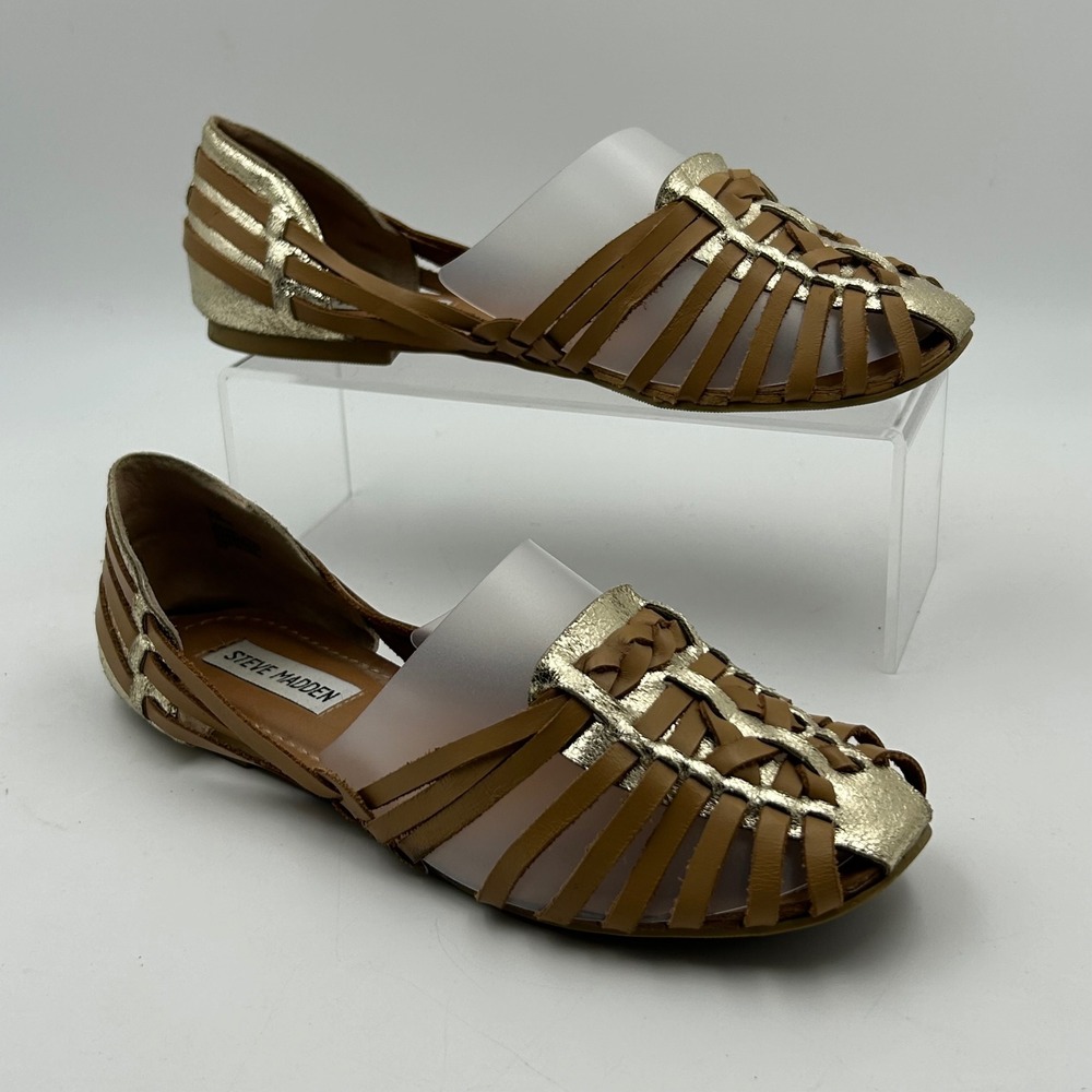 Steve Madden Tilsa Flats Womens 7 Tan Gold Leather Caged Huarache‎ Boho Chic